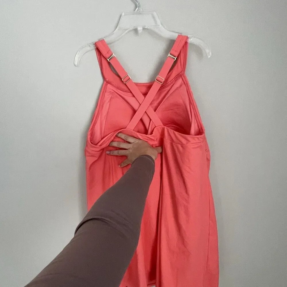 Land's End Plus Size 16W Coral Cross Back Swim Dress Tummy Control